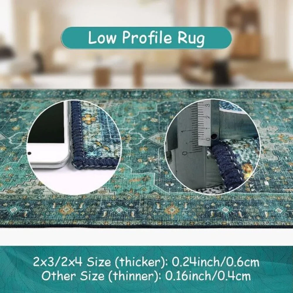 Ultra-Thin 4ft Round Rug, Washable Teal Oriental Carpet for Home & Room Decor